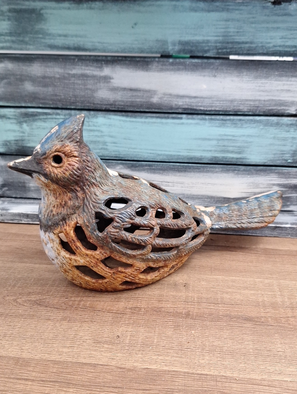 #ACP  Vintage Rustic Blue-blue Jay Cast Iron Votive Holder. Missing The Holder.